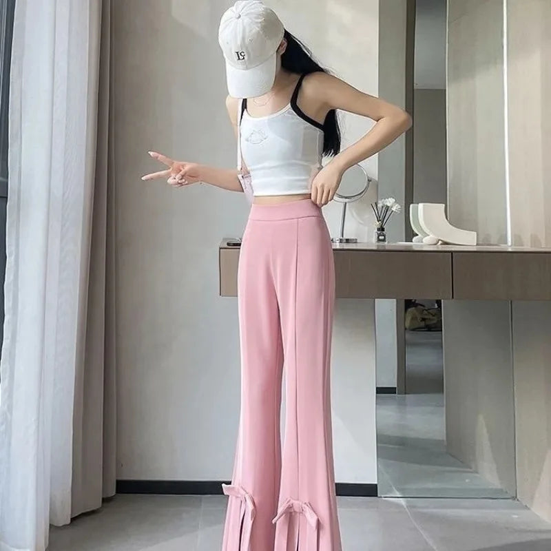 Women's Wide-Leg Pants High-Waisted with Bow Tie Detail Side Slits