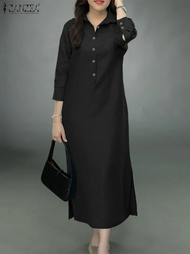 Elegant Lapel Solid Midi Dress