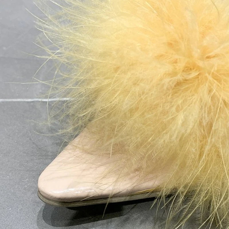 Summer New High Heels Sexy Slippers with Fine Heel Design and Hairy Decoration Cool Slippers with Daily Pointed Points Luxury