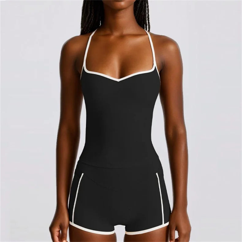 SVEIC Gym Sets Woman 2 Piece Sports Tops Contrasting Color Fitness Vest High Waist Shorts Butt Lift Running Workout Yoga Clothes