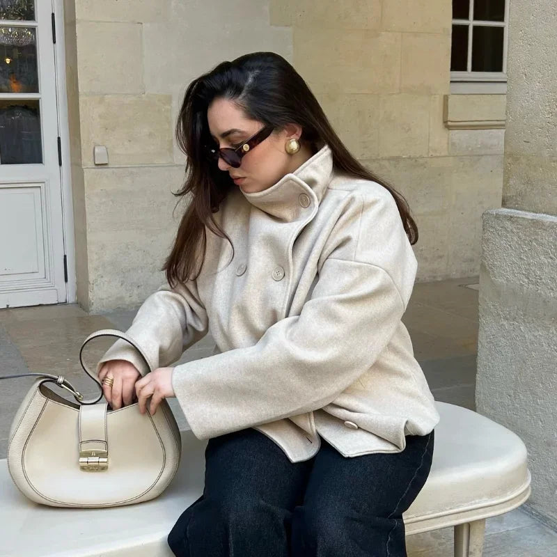 2025 Autumn Woolen Coats Women Casual Double Breasted Stand Collar Female Office Short Jackets Chic Lady Loose Street Outwear