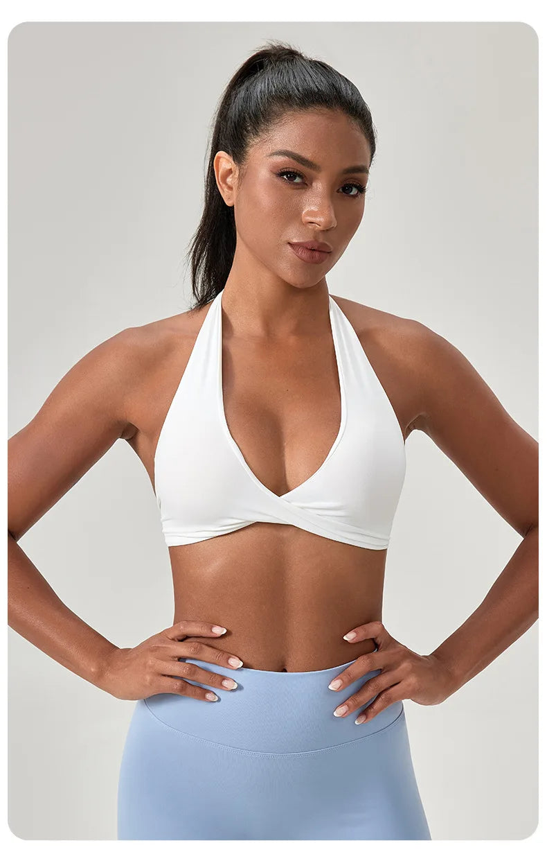 Strappy Bra for Women Open Back Halter Sports Bra Light Support Gym Crop Top Seamless Workout Yoga Top Bra Padded Bras