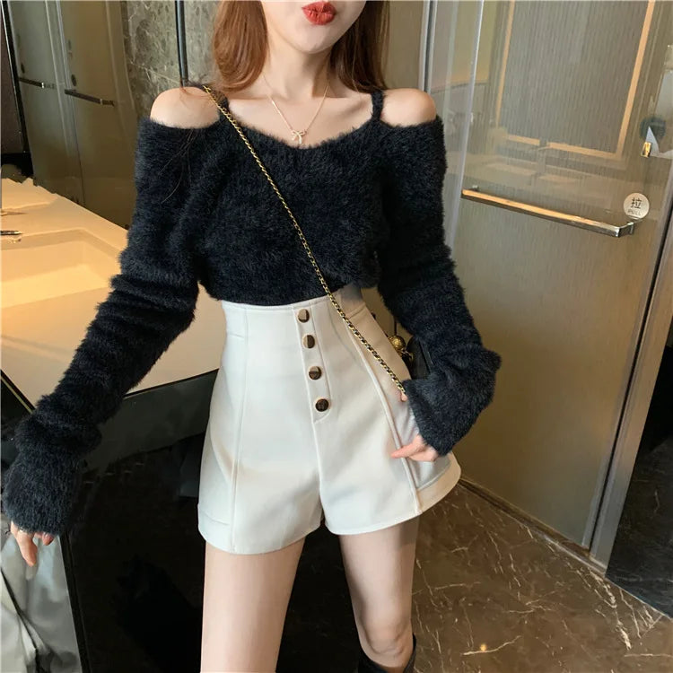 Black Shorts Women Spring Summer New Wide Leg Pants High Waist Single BreastedAApricot casual hot pants