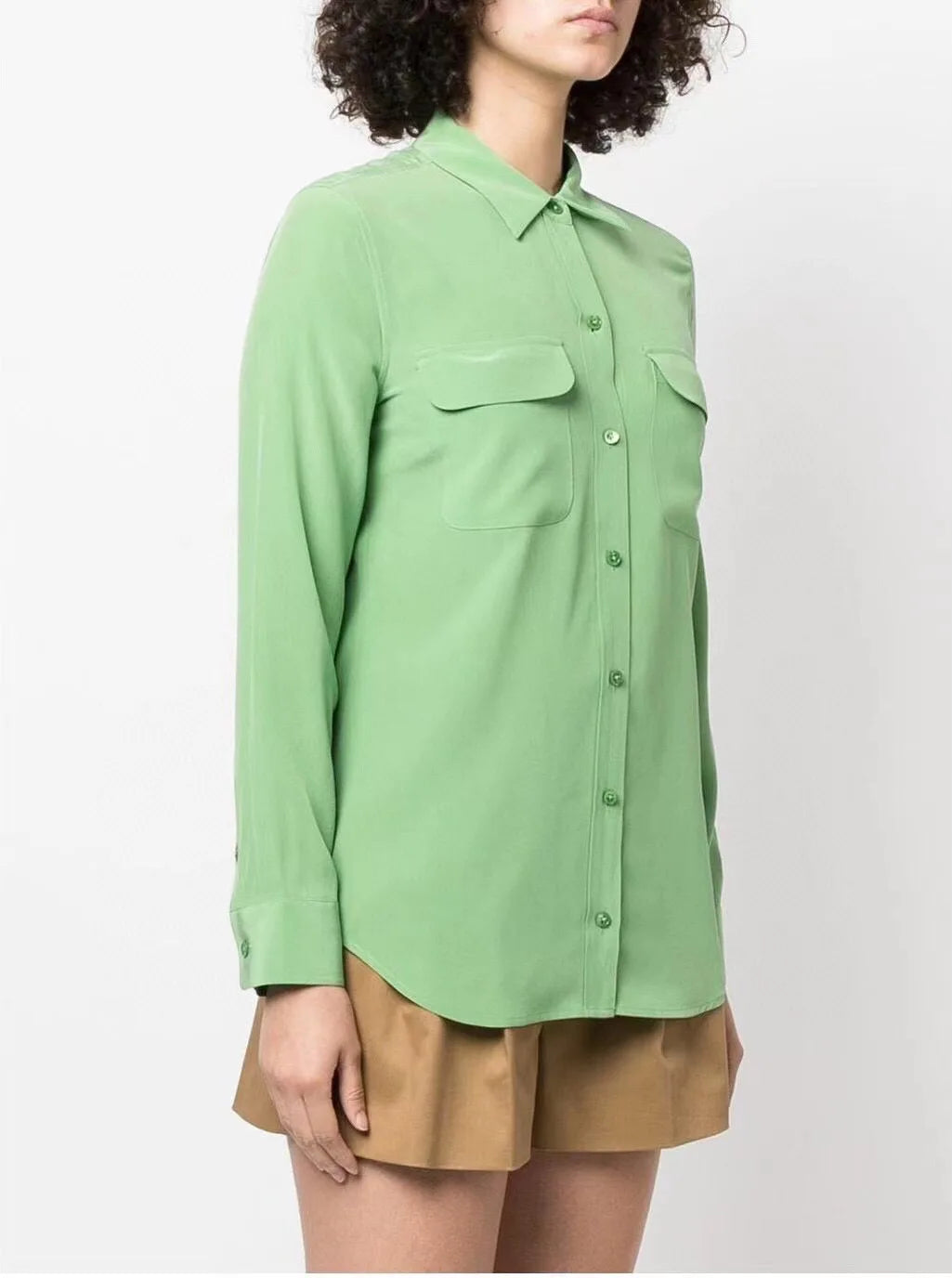 Women Real Silk Shirts Classic Double Pockets Solid Color Casual Fashion Long Sleeve Thin Shirt Blouses Tees