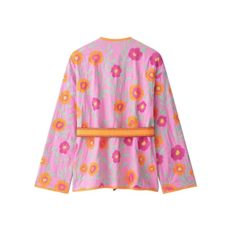 Women's Flowers Embroidered Coats Autumn New V-neck Long Sleeve With Belt Jackets Fashion Casual Female Chic Outerwear