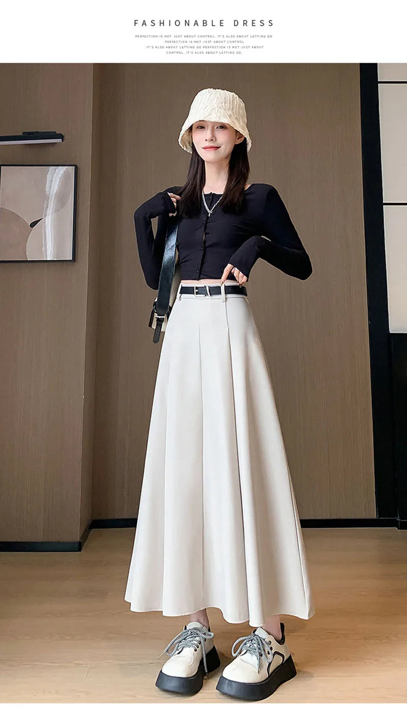 Elegant Skirts for Women Korean Style Long Skirt Female Black Pleated Midi Skirt Women's Clothing Office Lady Skirts Outfits New