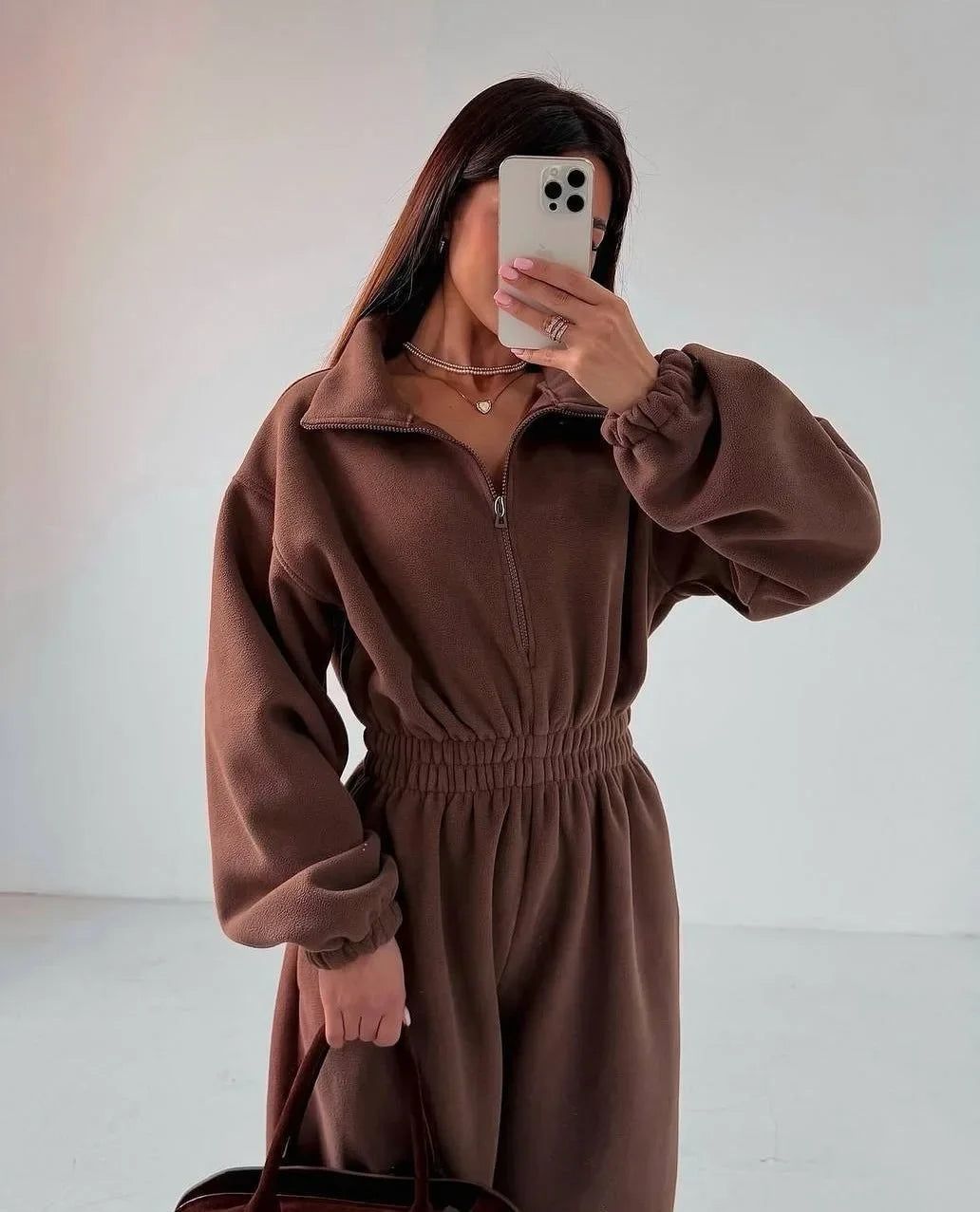Jumpsuit Women 2026 New Fashionable Long Sleeved Jumpsuit for Women's Casual Half Open Collar Elastic Waist Jumpsuit