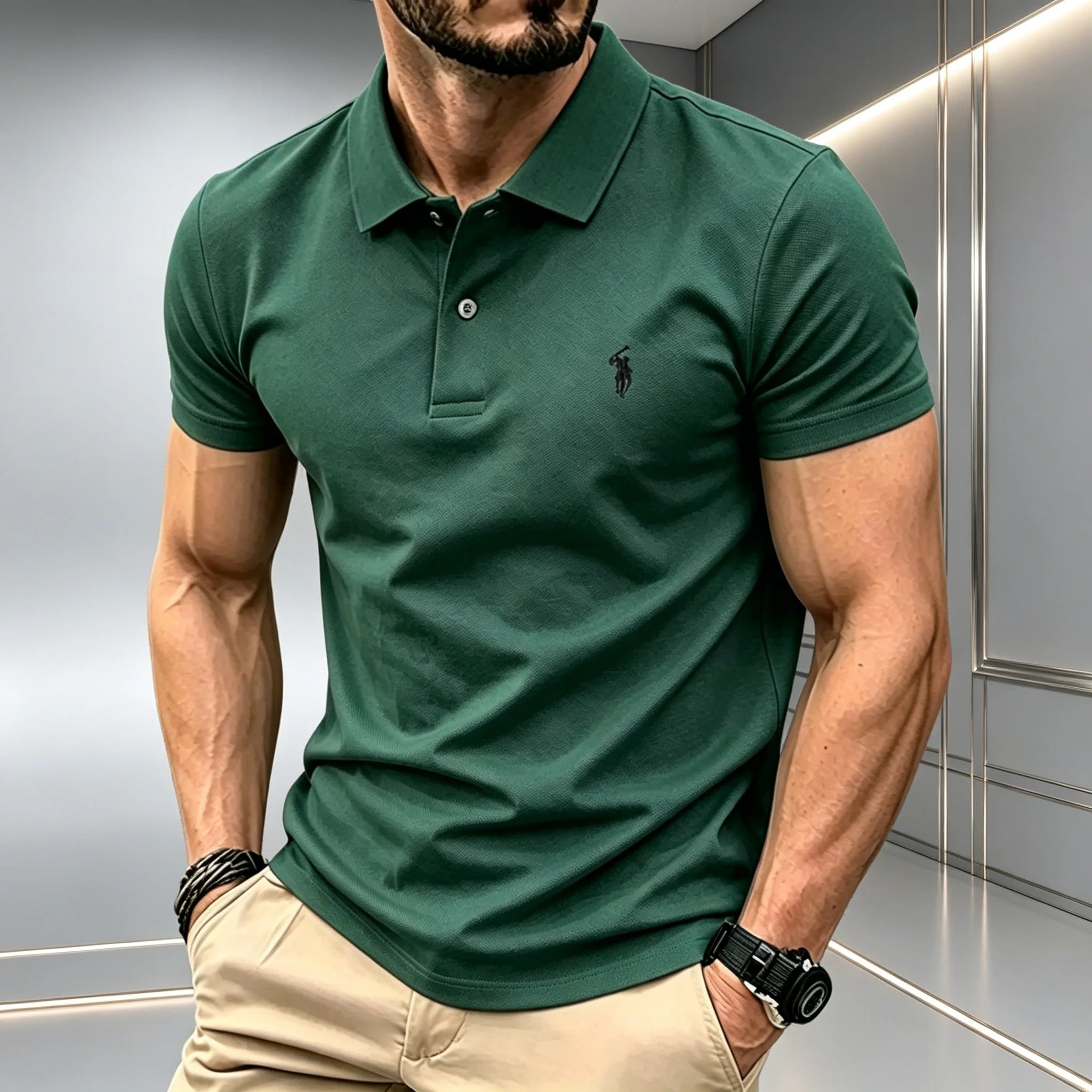 Men Solid Color Polo Shirt Regular Fit Business Casual Short Sleeve Tops With Small Horse Embroidery Chest Print