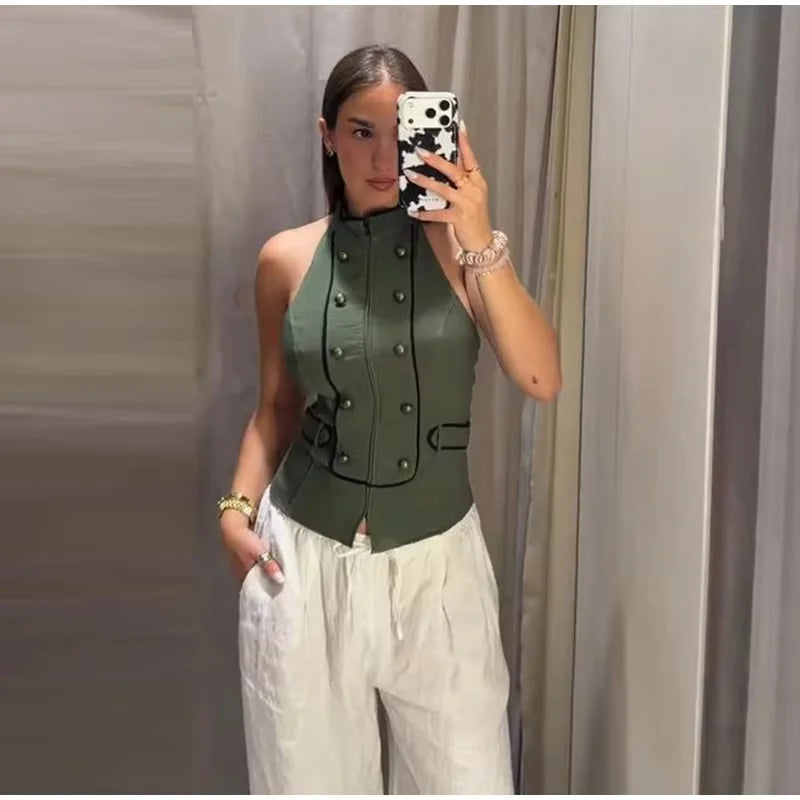 Women's Top 2026 Summer Elegant Fashion Silky Vacation Halter Neck Backless Sexy Unique Army Green Beach Style Party Women's Top