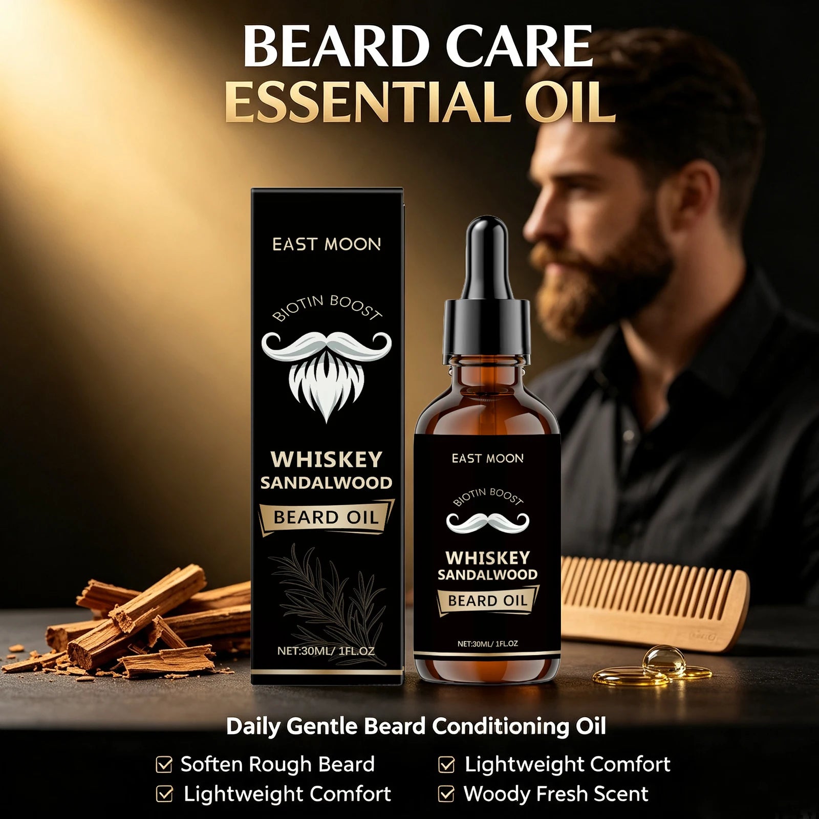 Men Biotin Beard Oil Soften Rough Beard Whiskey Sandalwood Beard Care Oil Hydrate Soothe Under-Beard Skin Men Facial Hair Serum