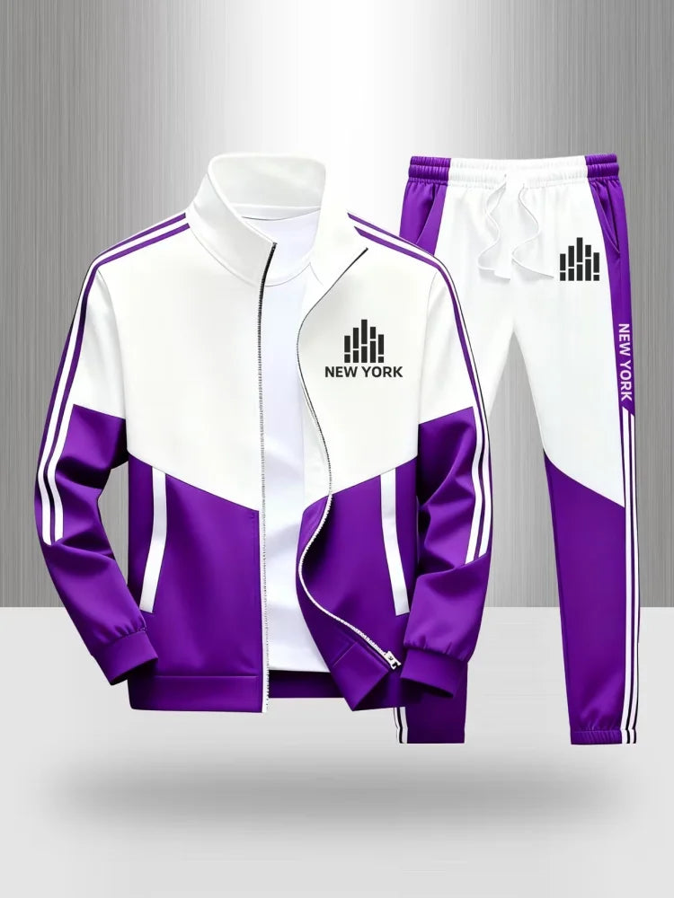 Tracksuit Men's New York Print 2 Piece Set Sportswear Color Block Zip Up Jacket and Jogger Pants Casual Striped Athletic Outfit