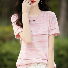 Women's T-shirts Summer New 100% Cotton Short Sleeve Casual Striped Knit Blouse Round Neck Tops Loose Pullover Tees