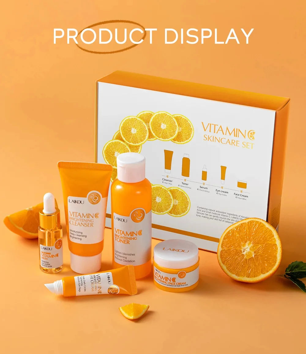 Vitamin C Skincare Set 5pcs(Cleanser-Toner-Serum-Eye Serum-Face Cream) + Natural Antioxidant Ingredients, Nourish Even Skin Tone