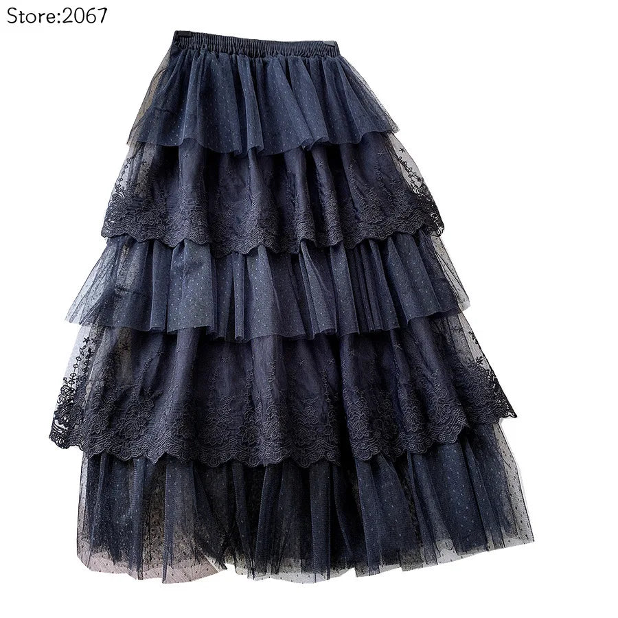 Women Skirts Cake-Style Skirt Spring Summer Fashion Lace Skirts Ladies High-Waisted Slimming Long Lace Skirt Elegant Tulle Skirt