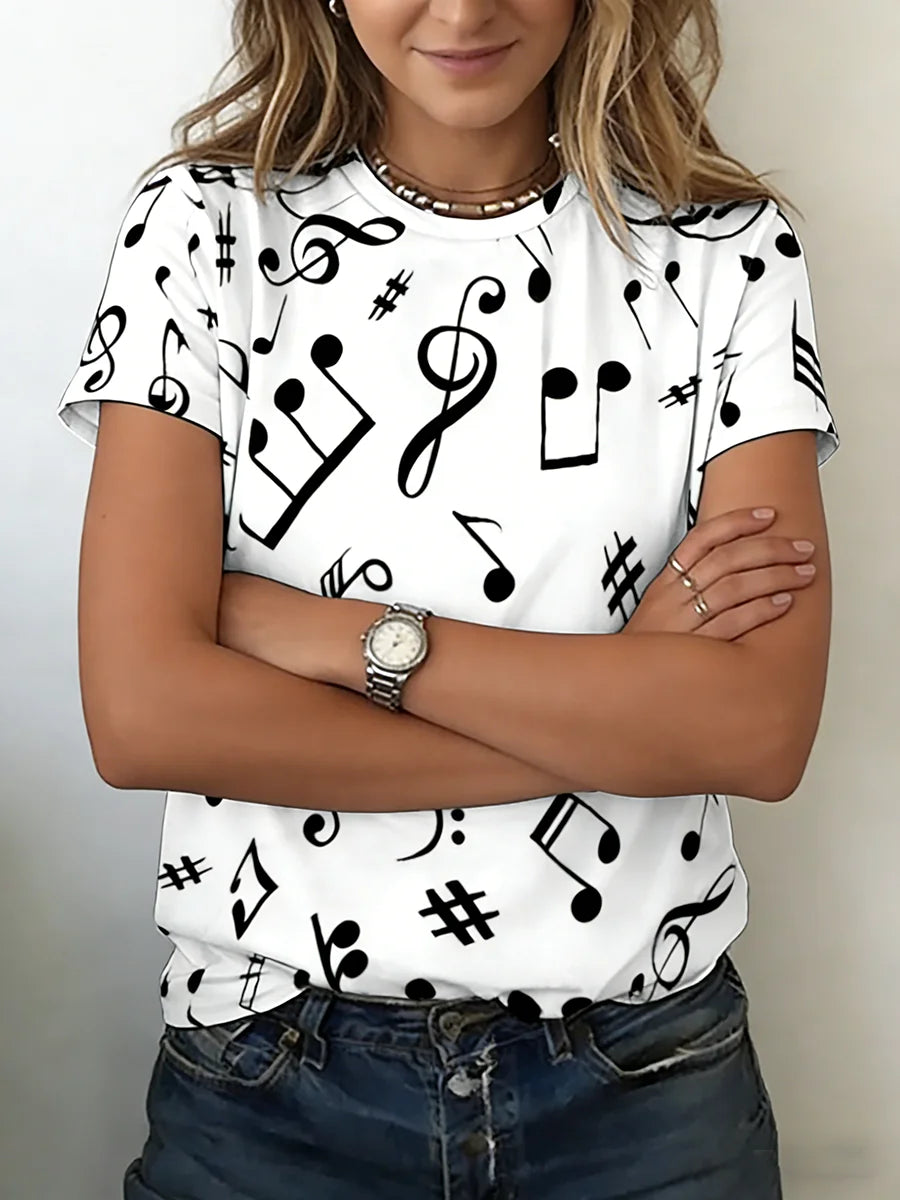 Women T-Shirt  Music Note Print Short Sleeve Crew Neck Casual Loose Fit Casual Top Spring Summer Daily Streetwear Versatile Top