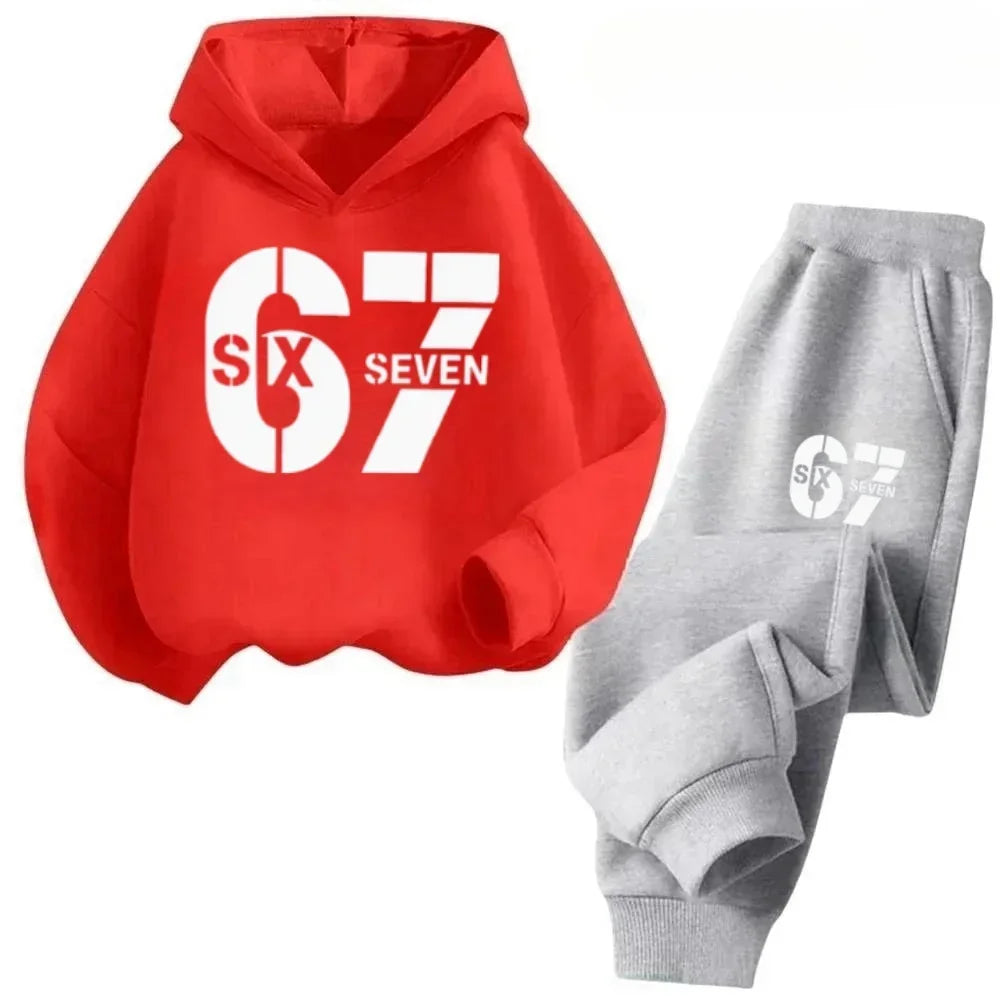 67 Hoodie Set Big Sale, 2-piece Set Suitable for Children Aged 4 To 13, Discounted Cartoon Printed Cotton Sportswear