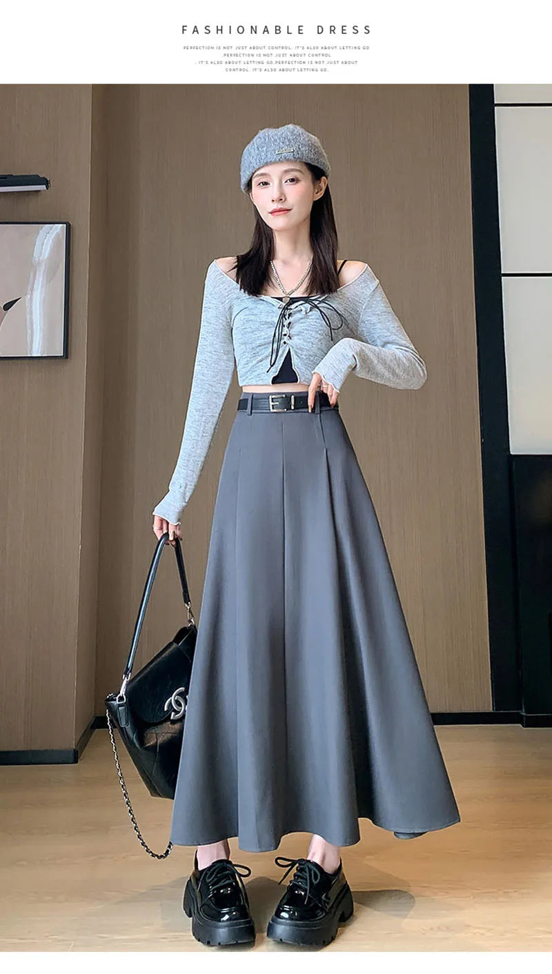Elegant Skirts for Women Korean Style Long Skirt Female Black Pleated Midi Skirt Women's Clothing Office Lady Skirts Outfits New