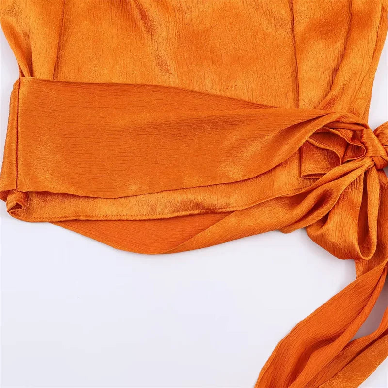 Women's Top 2026 Spring New Style Orange Sleeveless Satin Texture Long Ribbon Top Elegant and Stylish Unique Fashion Focus