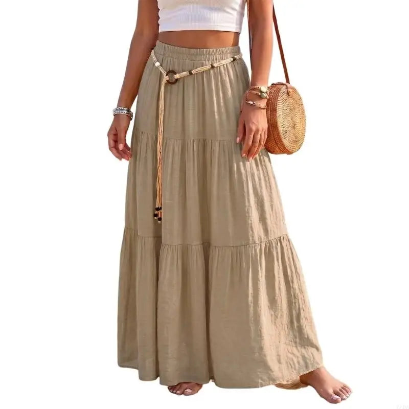 Skirts for Women Linen Maxi Skirt Pleated Long Flowy Elastic Skirt Tiered Beach A-Line Skirts 6XDA
