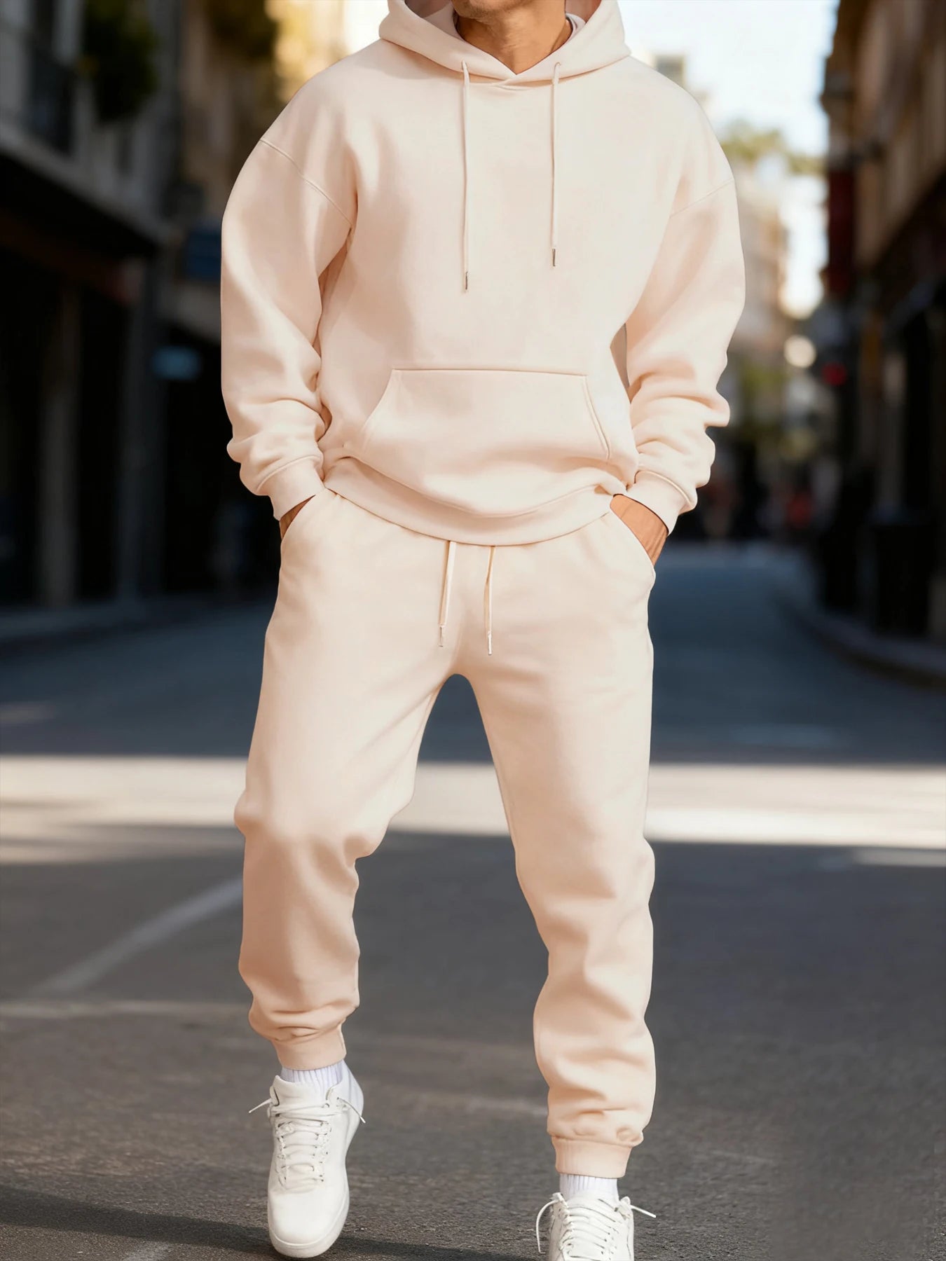 Man Hoodie Set Winter Solid Color Two Pices Sets Long-Length Street Clothes Casual Sports Sweatpant Hoody Unisex Fashion Suit