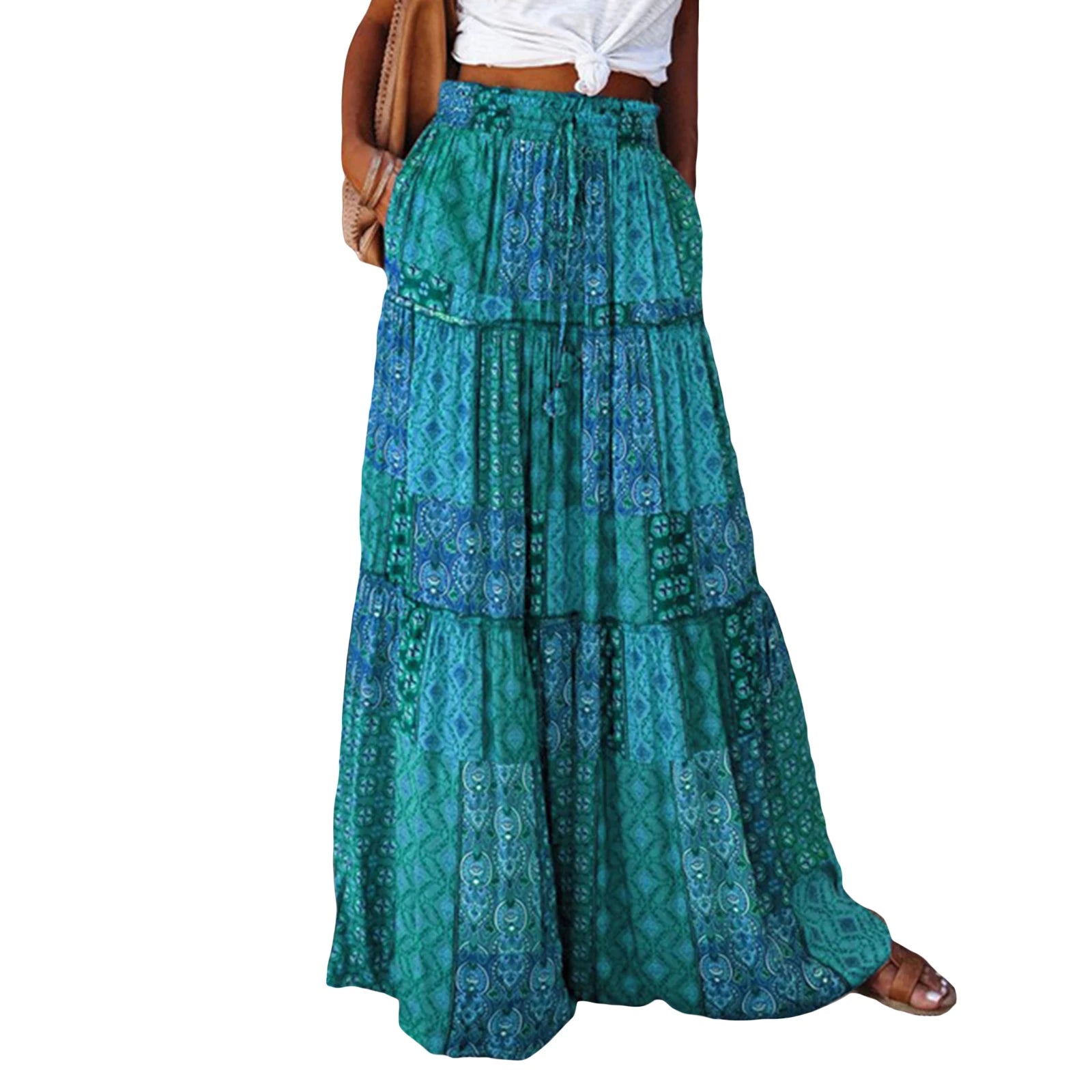 Women's Bohemian Skirts Vintage Elastic High Waist A-Line Skirts Tiered Long Skirts with Pockets