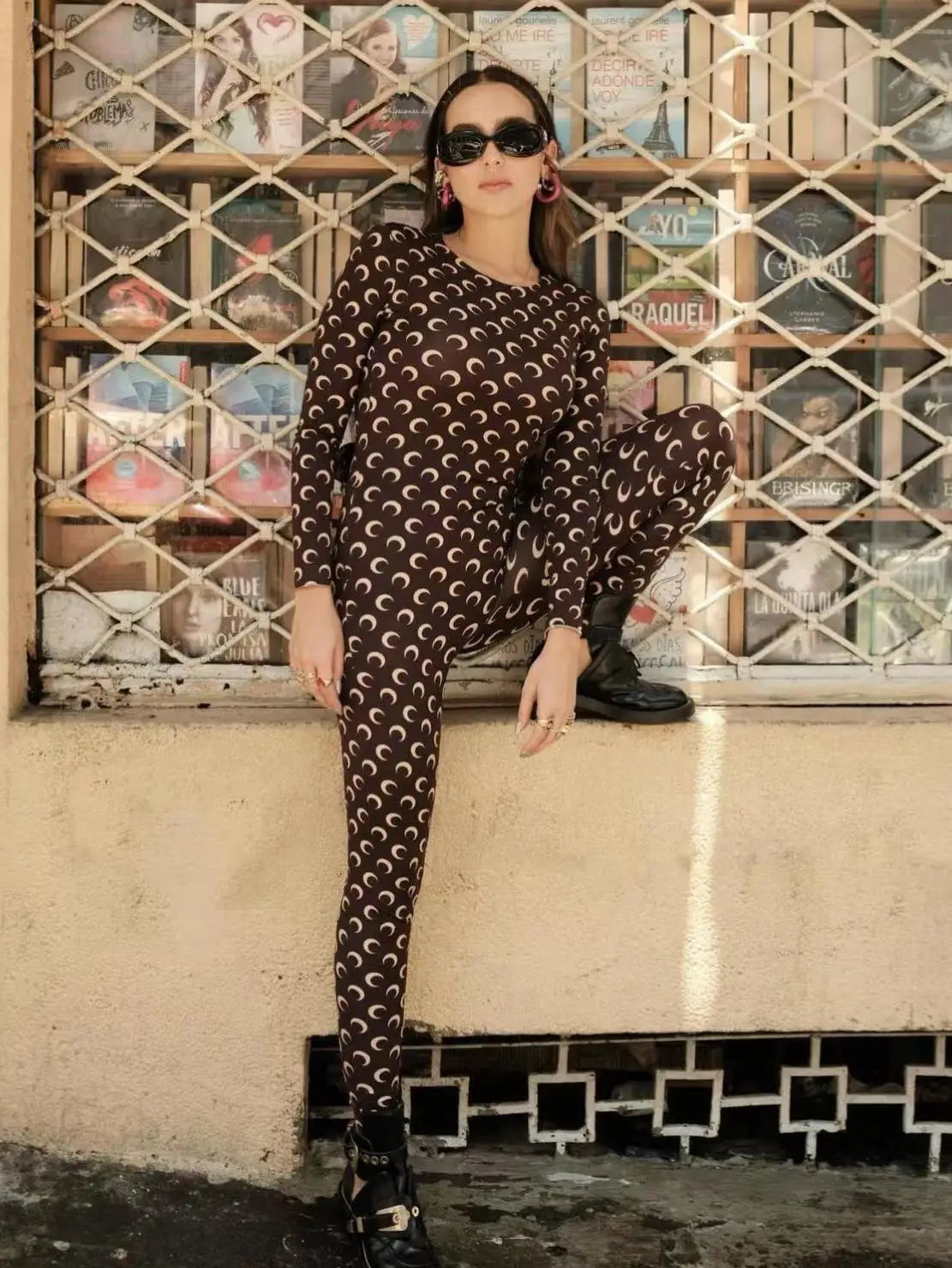 Women Jumpsuit Y2K Streetwear Moon Print Jumpsuit Elastic Long Sleeve Round Neck Autumn Sexy Fashion Bodysuit