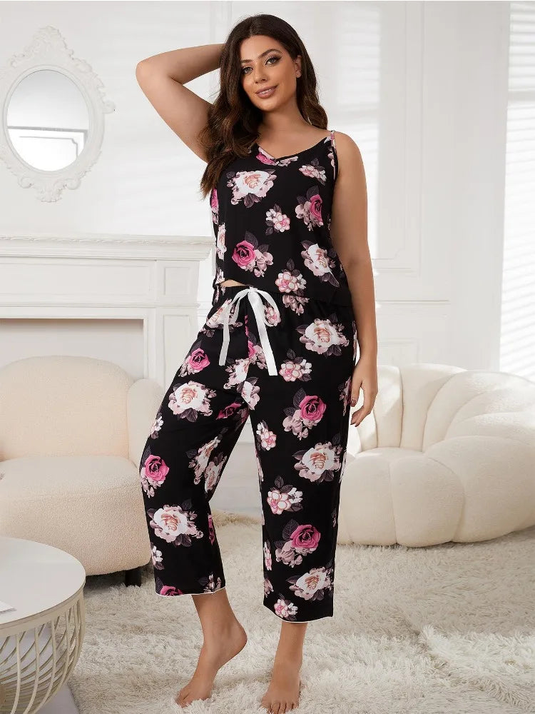 Floral V Neck Capri Pajama Set