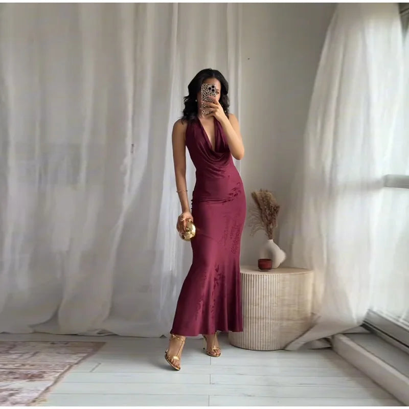 Vintage Deep V Sleeveless Evening Dress