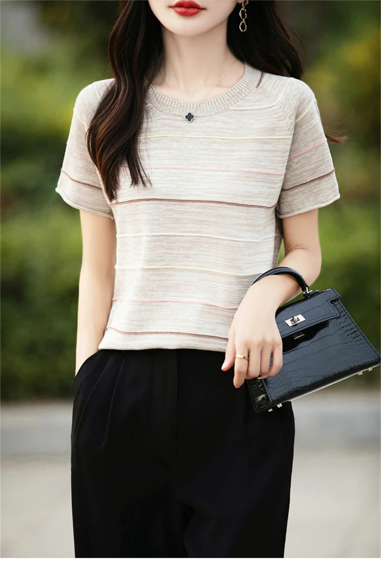 Women's T-shirts Summer New 100% Cotton Short Sleeve Casual Striped Knit Blouse Round Neck Tops Loose Pullover Tees