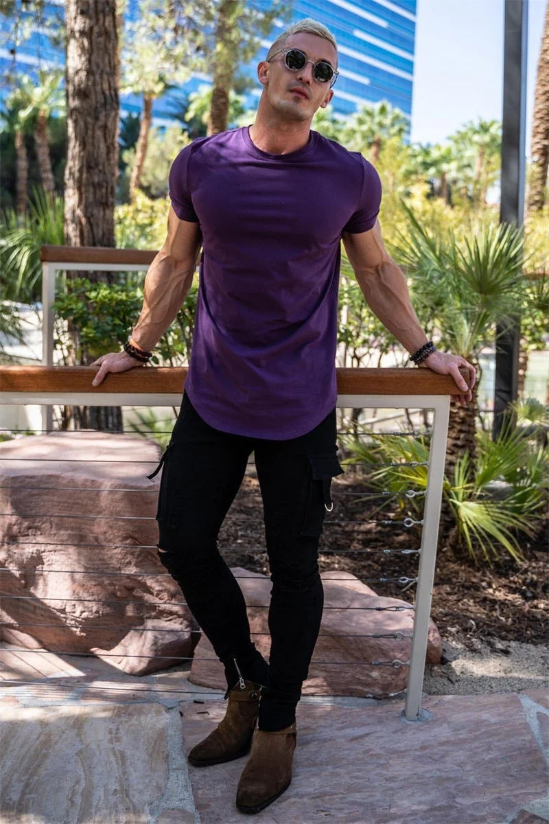 Muscle Training T-shirt Men's Summer Workout Short Sleeve T-shirt High Quality Cotton Fitness Men T-shirt Gym Solid Color Tops