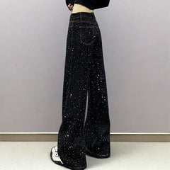 New Female Black Jeans Are Cool Studded With Diamonds. Casual Denim Trousers High-waisted, Straight-leg Wide-leg Pants Women's