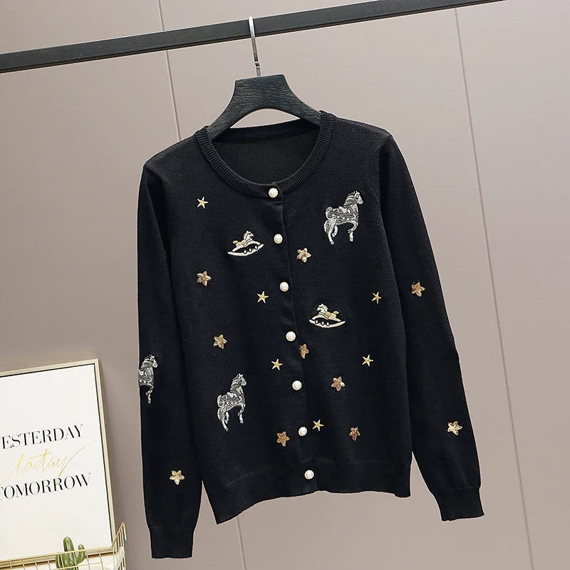 Embroidered Knit Cardigan Sweater