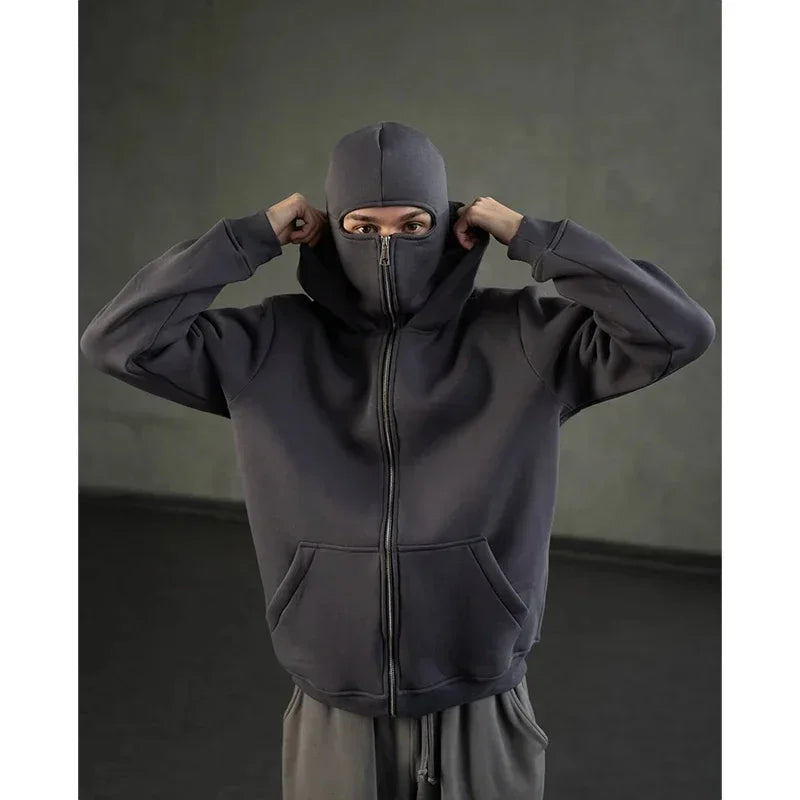 Unisex Hoodie Coat Warm Loose Balaclava Jacket Outdoor Sports Casual Jacket with Face Mask Street Wear