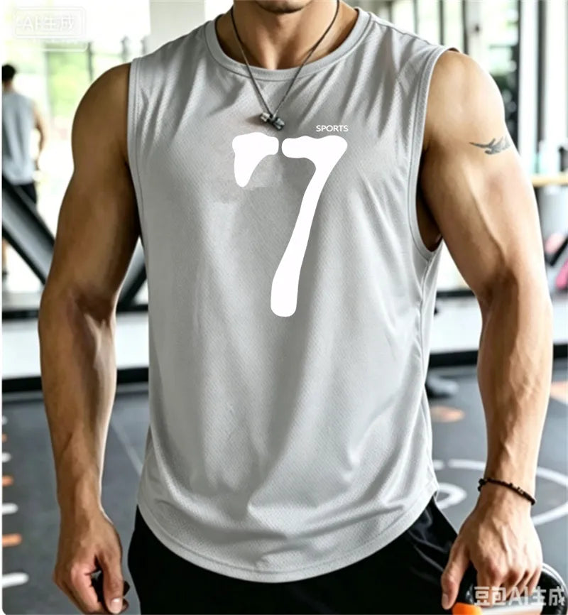 SPORTS 7 New Men Tank Tops Sleeveless Shirt Polyester Mesh Material Quick Dry Breathable Men Workout Fitness Basketball Top Tee