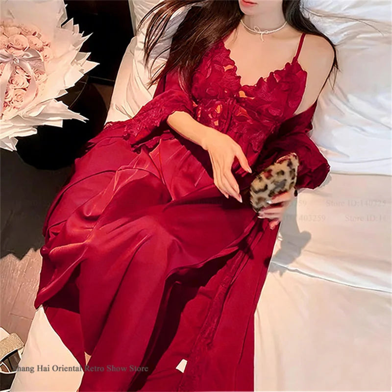 Elegant Female Long Robe Set Nightgown Silky Ice Silk Sleepwear Homewear SEXY Hollow Out Lace Nightdress Lingerie Loungewear
