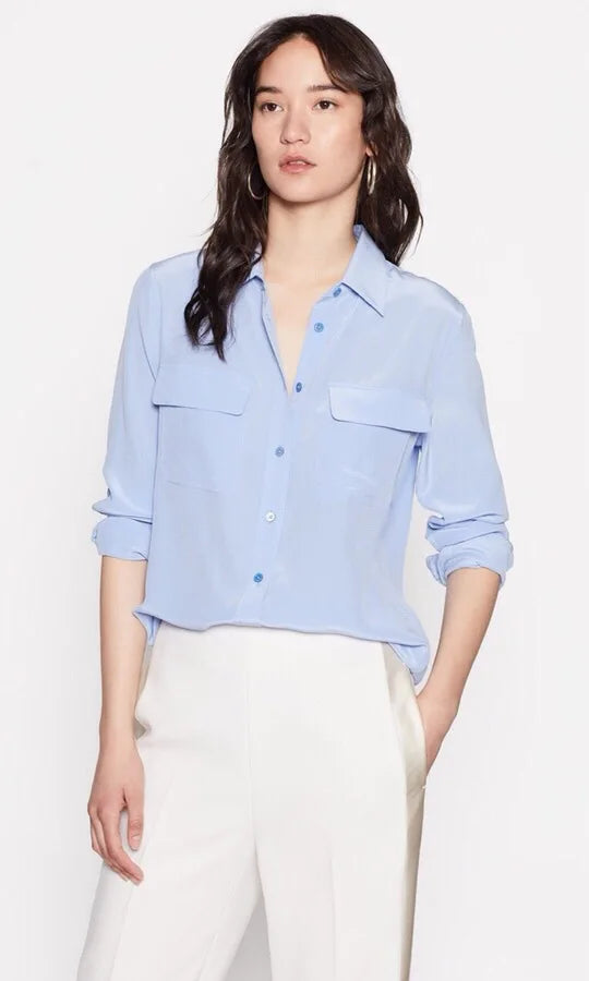 Women Real Silk Shirts Classic Double Pockets Solid Color Casual Fashion Long Sleeve Thin Shirt Blouses Tees