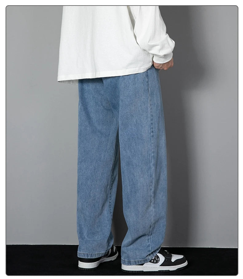2026 New Korean Men's Casual Long Jeans Classic Man Straight Denim Wide-leg Pants Solid Color Light Blue Grey Black