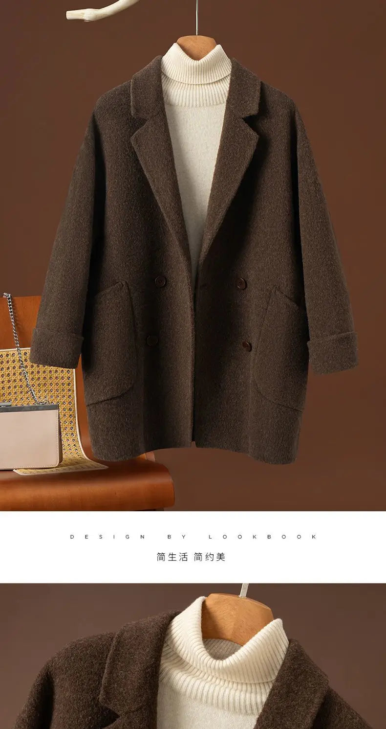 Women Double-sided Wool Coats Autumn Winter Korean Loose All-match Woolen Jacket Female Simple Solid Suit Collar Wool Jacket