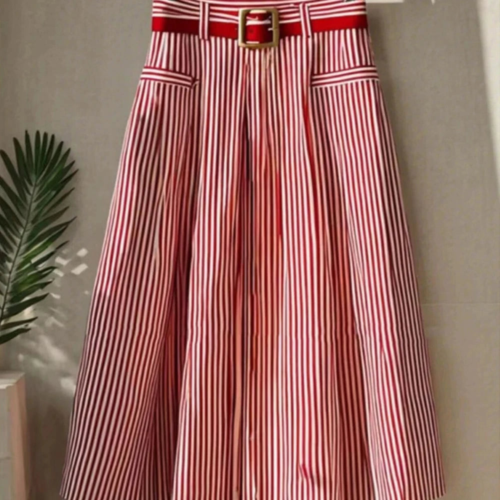 Skirts Spring Summer Retro Vintage French Stripes Midi High Waist A-Line Dating Skirts 2025 for Women