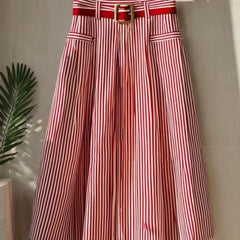 Skirts Spring Summer Retro Vintage French Stripes Midi High Waist A-Line Dating Skirts 2025 for Women