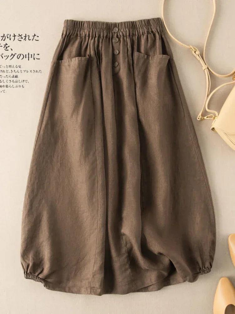 Women's Skirt Cotton Linen Casual Straight Skirts Woman Fashion 2026 Summer Loose Solid Color Button Long Skirts for Women