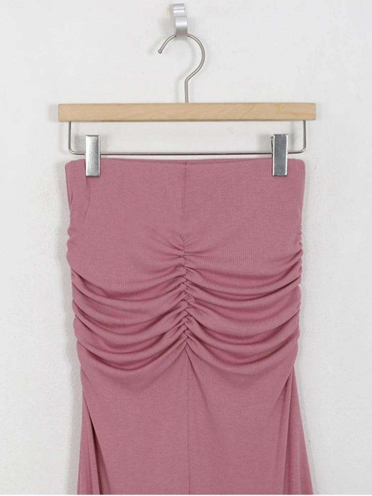 Shirred Satin High Waist Midi