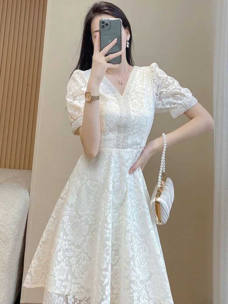 Elegant White Lace Puff Dress