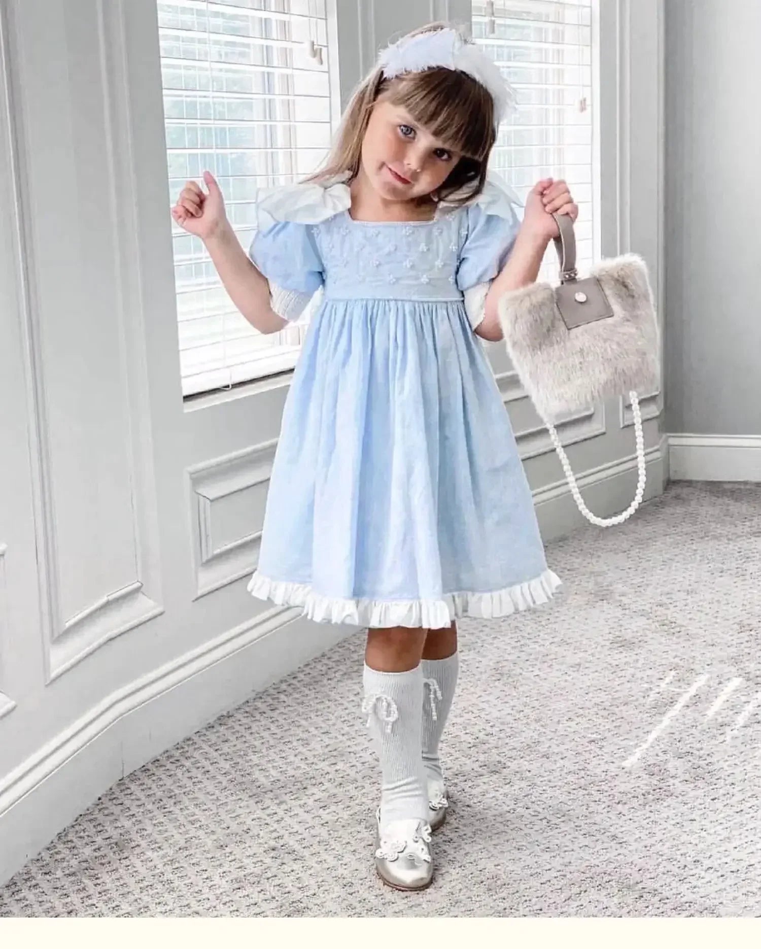 Embroidered Bow Princess Girls Dress