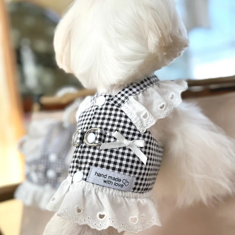 Pet Dog Clothes Lace Skirt Pastoral Style Black Plaid  Harness Puppy Dresses Universal Harness Tractionable Retro Princess Dress