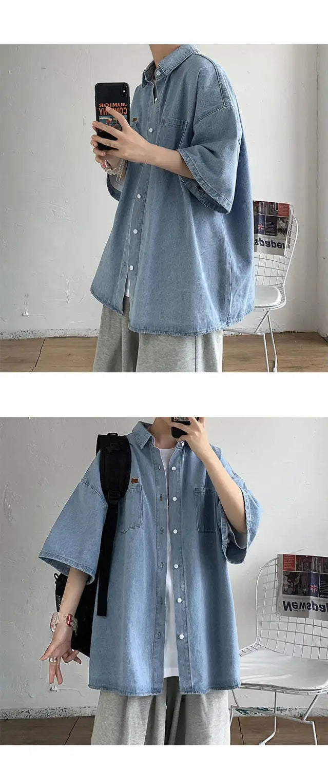 2025 Shirts Men Clothing Fashion Short Sleeve Summer Korean Style Loose All-match Cargo Handsome Homme Solid Tops Harajuku