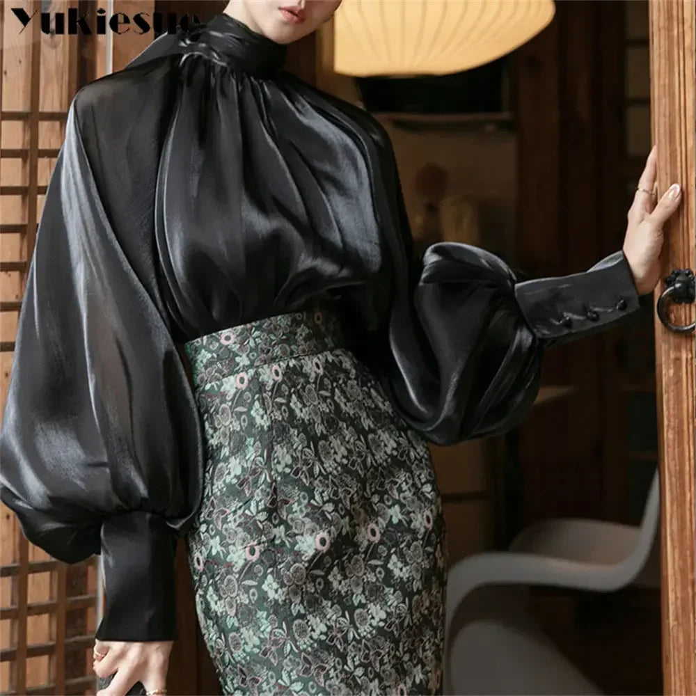Elegant Chiffon Lantern Sleeve Blouse