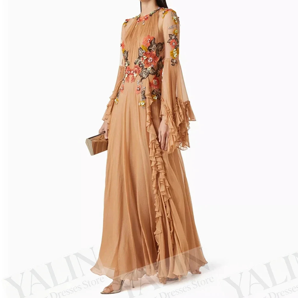 Women's A-line Evening Dresses Floor-length O-neck Full Sleeve Prom Dress Fashion Flowers Ruched Simple Draped Gowns Customized