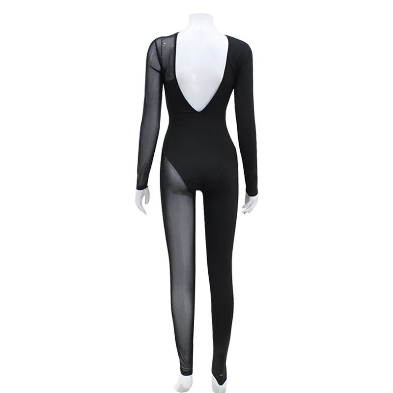 Hipster Tight Jumpsuit Woman Midnight Overalls Streetwear O-Neck Long Sleeve Zipper Sexy See Through Mesh Rompers Women Jumpsuit