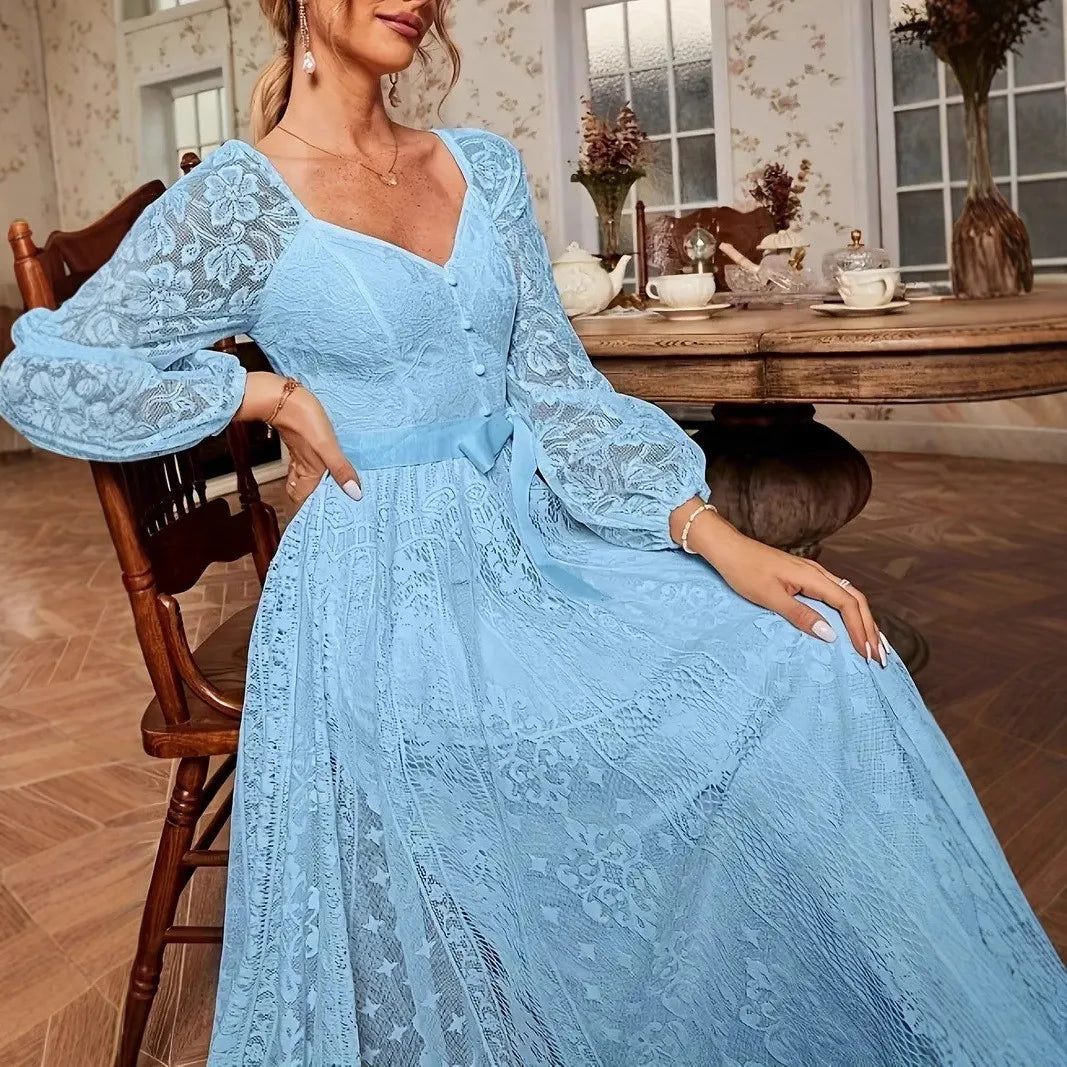 Elegant Party Dress For Woman Evening Prom Dresses Lace Long Gown V Neck Maxi Dress White Pink Floral Lace A Line Balloon Sleeve